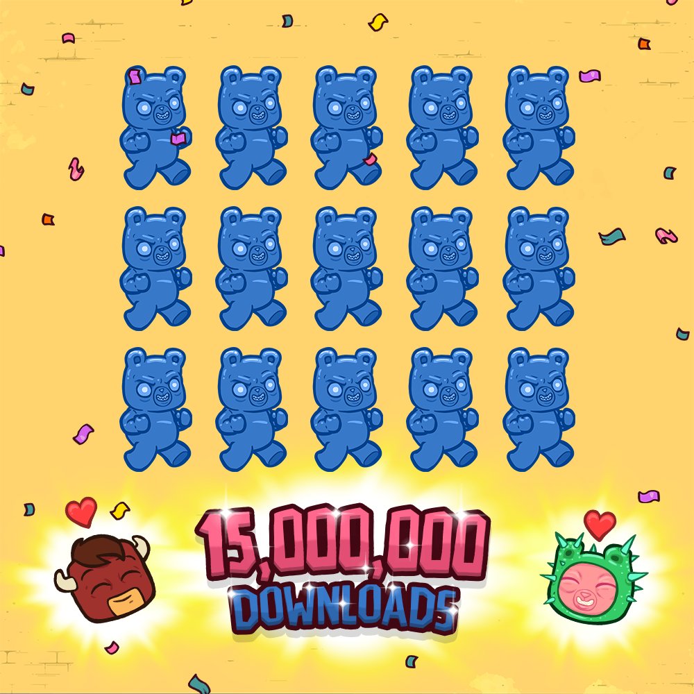 juicybeast's tweet photo. Each of these gummies represent a MILLION downloads guys! YES, WE REACHED 15M 😱 Thanks to all of you launchadores supporting us by smashing piñatas daily! 💛 #BurritoBisonLaunchaLibre https://t.co/E4BatmTNfW