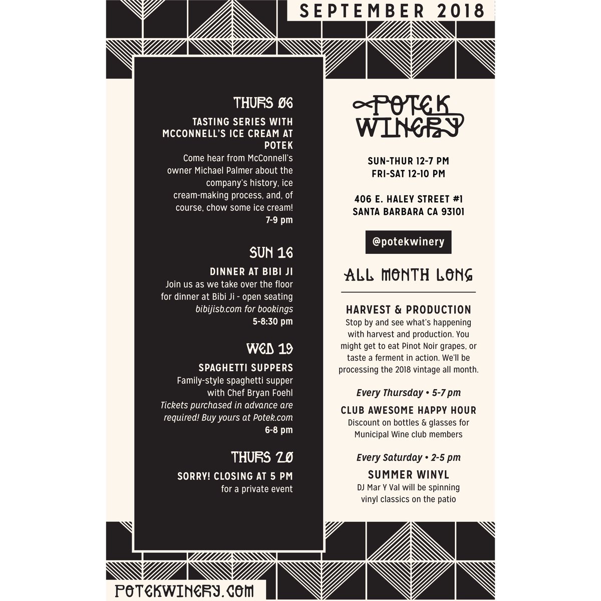 Good stuff happening this month <a href="/potekwinery/">Potek Winery</a>! Mark your calendars for all these important dates...and seriously, buy your tickets NOW for our Tasting Series event with @mcconnellsicecreams this coming Thursday, 09/06. Ticket link in our bio.
#potektastingseries #potekwine