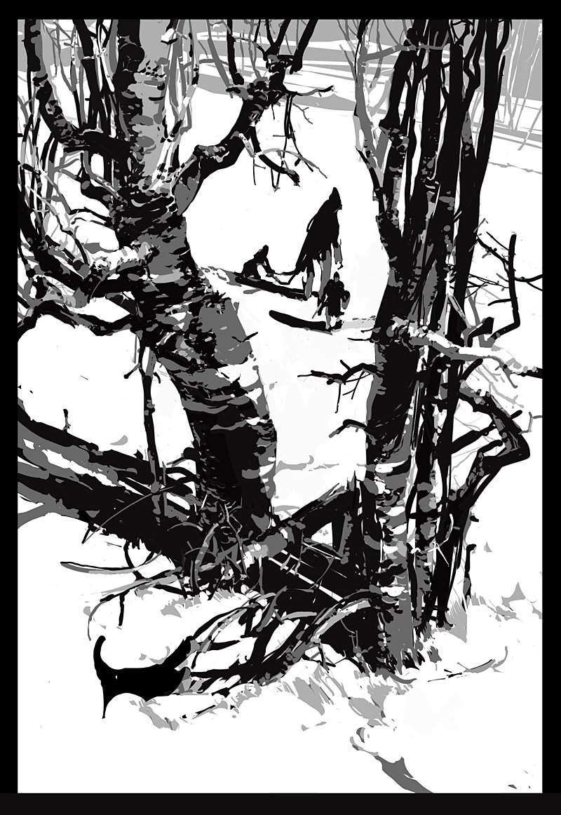 Experiment with 4 values again, but with lighting!! which did make it a little more challenging. Struggled so much with composition on this one. "witch hunt" 