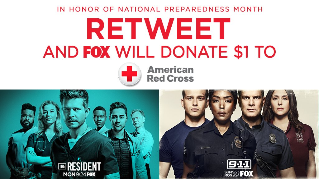 ResidentFOX's tweet photo. RETWEET now and FOX will donate $1 to @RedCross, up to cap of $20,000. See https://t.co/sZwgrECOWh for terms and conditions. #FOXMondaysGivesBack #Promotion #TheResident https://t.co/RP4Ae0axyA