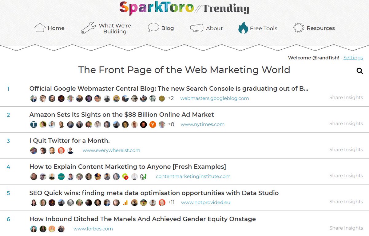 randfish's tweet image. Step 1: Go here sparktoro.com/trending
Step 2: Connect your Twitter account
Step 3: Free, regular updates on what marketers are sharing
Step 4: No need to scroll infinitely through Twitter wondering what important stuff you&apos;ve missed. It&apos;s all right there :-)
