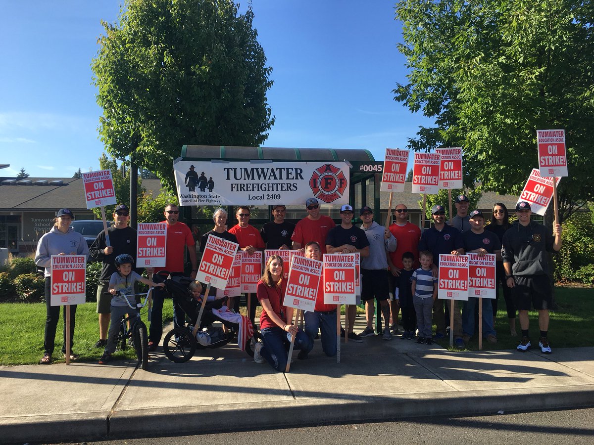 Tumwater Firefighters with assistance from Olympia firefighters were out supporting our Tumwater teachers today! #unionstrong #strongertogether