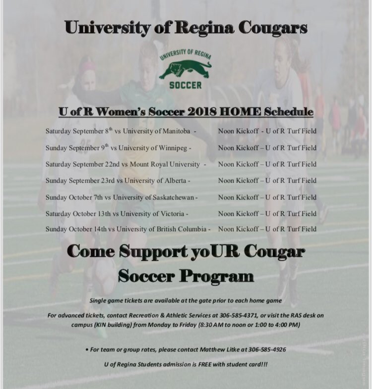 Home opener this weekend. Come on out - excited to see everyone there- sat and Sunday - games start at noon <a href="/UofRegina/">University of Regina</a> <a href="/ReginaCougars/">U of R Cougars</a> @FCReginaSoccer <a href="/queencitysoccer/">QC United Soccer</a>