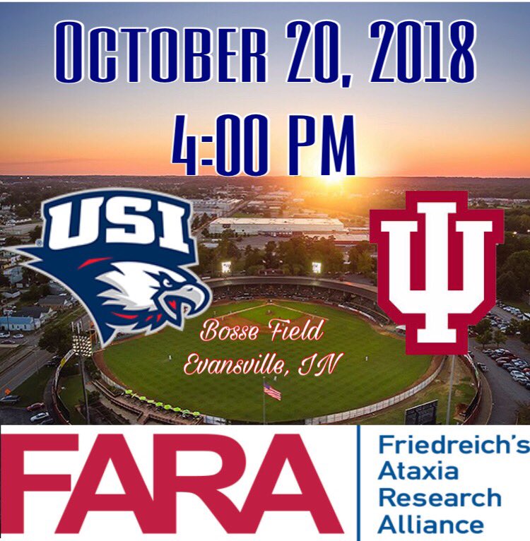 We are excited to announce that we will be playing Indiana University on October 20th, 2018 at Bosse Field!

This game will benefit a great organization in FARA (Friedreich’s Ataxia Research Alliance)

Tickets go on sale September 10th!
#USIBaseball #CureFA