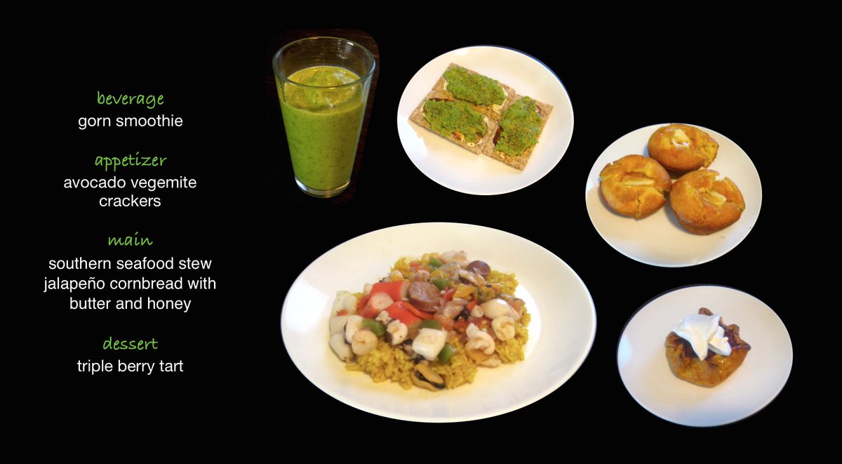 DmitriMatheny's tweet photo. Today’s #OMAD feast from #SassysKitchen (Centralia WA): gorn smoothie, avocado vegemite crackers, southern seafood stew, jalapeño cornbread with butter and honey, triple berry tart #Foodstagram #IntermittentFeasting #OneMealADay #Celebrate #HomeMadeGoodness #Gratitude https://t.co/e80ydC2JZx