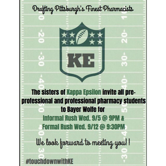 Come meet a team of the finest Pharm students in Pittsburgh, tonight at 8pm in Bayer Rotunda for Meet the Pharmacy Greeks! And then join us tomorrow night at Informal Rush to get to know all our star players🏈 #TouchdownWithKE