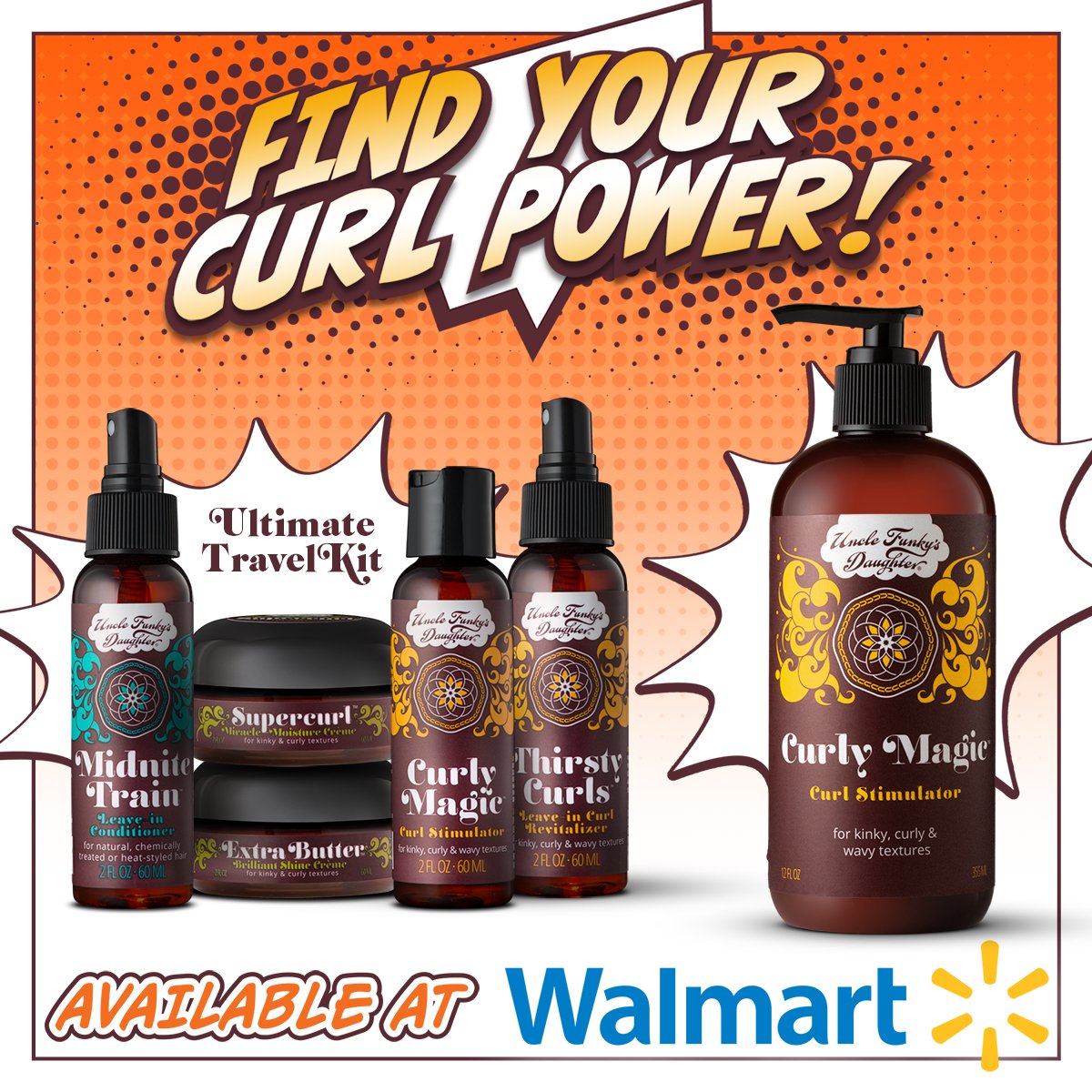 unclefunkys's tweet photo. All of this #GoodFunkyStuff is in store at your local @Walmart! Tap the link in our bio to check out our store locator and find one near you!

#Walmart #UFD #unclefunkysdaughter #funkyjunkies #shop #curlymagic #extrabutter #supercurl #midnitetrain #thirstycurls #travelkit https://t.co/zFMKCSXzeR