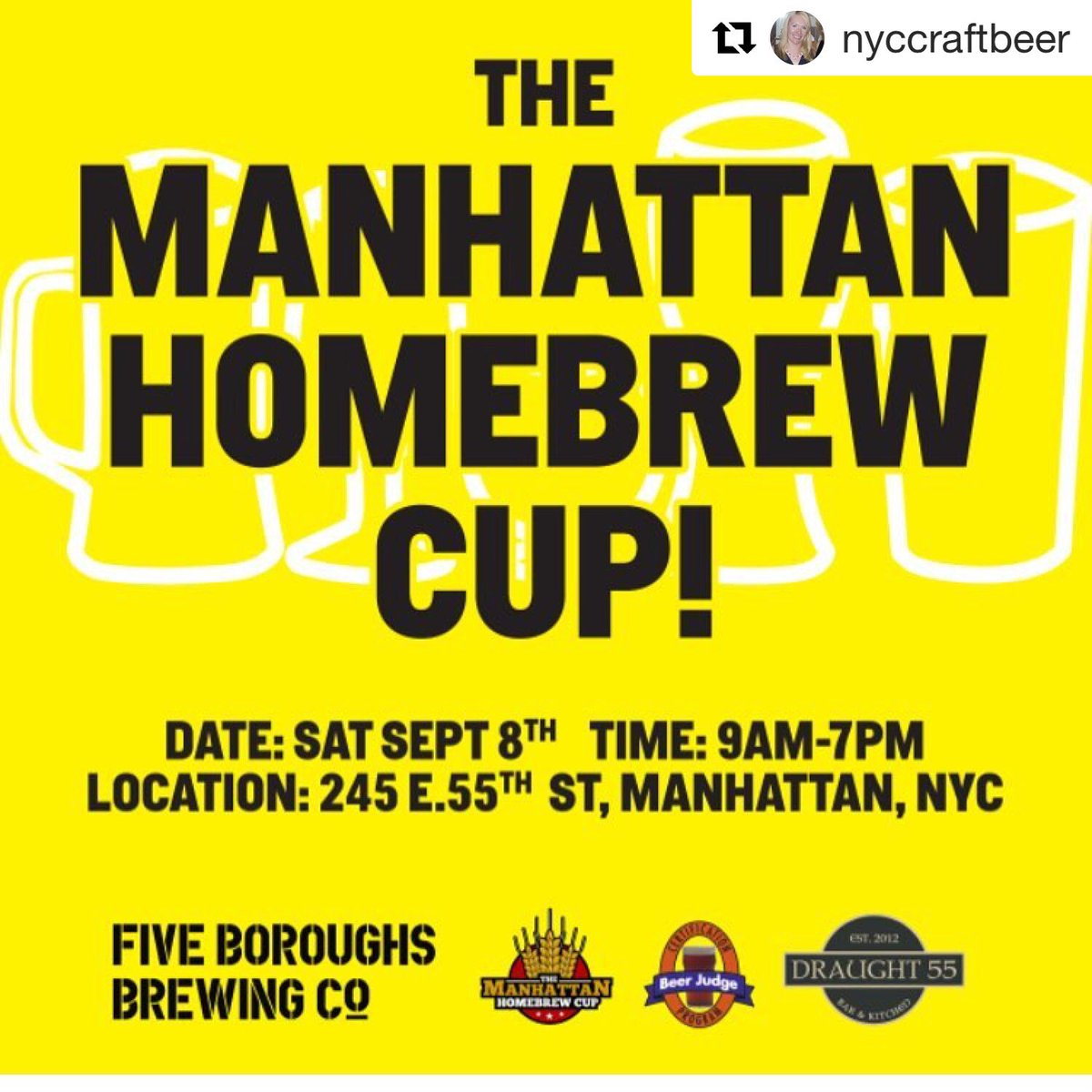 The Manhattan HomeBrew Cup which will take place at Draught 55 on Saturday, Sept 8th!The winner will have the honor of having their beer brewed by @fiveboroughsbrewing Company! get all info and enter on our website @
draught55.com/events
#homebrew #craftbeer #homebrewcompetion