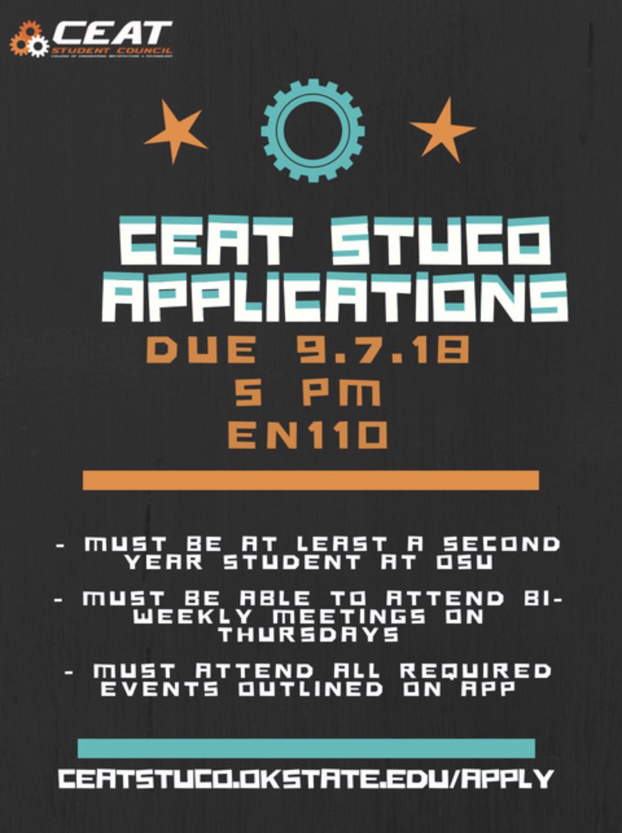 CEATstuco's tweet photo. 3 MORE DAYS TO APPLY FOR STUDENT COUNCIL!! 

Check out applications online at https://t.co/JGiiRNb4it 

#rushceat #okstate #ceat https://t.co/dnKo68WnjS