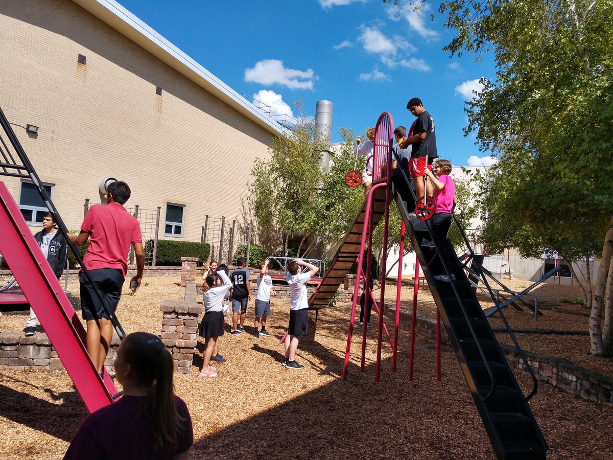 CarnduffPhysics's tweet photo. Playground aren't just for kids anymore.  NGSS Ss honing their measuring skills. #physics #iteachphysics #barrington220 https://t.co/J6Lyu2di3q