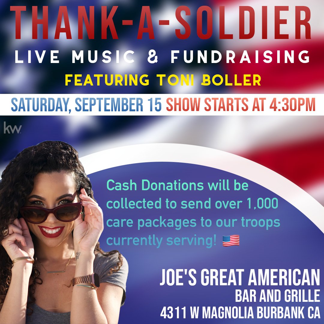 🎶 Enjoy live music performed by KW agent, Toni Boller and help us raise money for our 8th annual Thank-A-Soldier Care Package Assembly! 🇺🇸 
💵 Cash donations will be collected to send over 1,000 care packages! 
RSVP: tinyurl.com/ycezlk7f 
#ThankASoldier #LosAngelesEvent