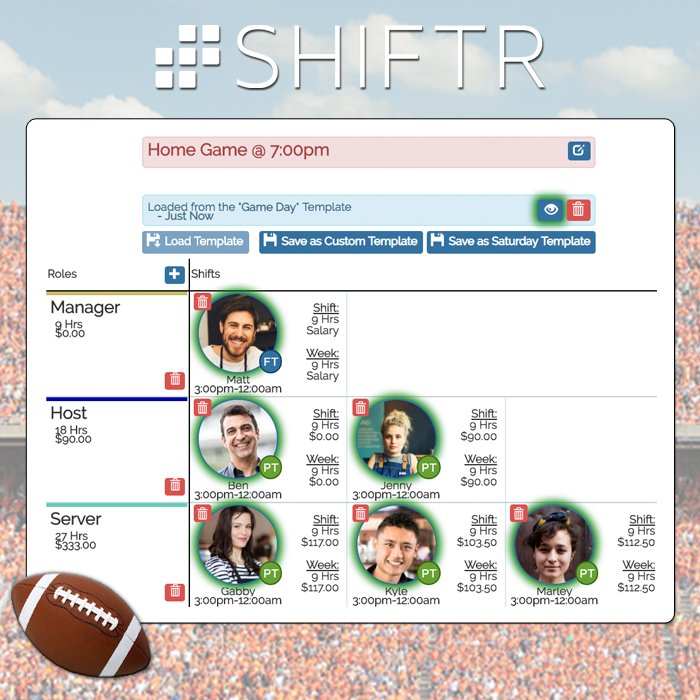 SHIFTR makes #employee #scheduling fast and accurate with the "templates" feature. Templates can be created for each day of the week or custom events and situations—perfect for busy #gamedays! shiftr.works #LNK #Omaha #Nebraska #GBR #GoBigRed #Huskers