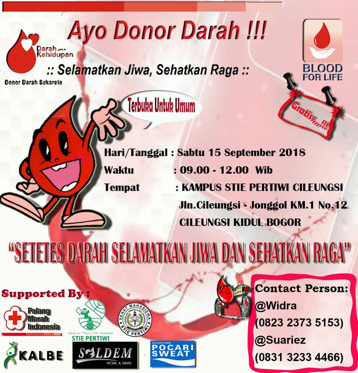 akuagni's tweet photo. #INFO #DONDAR Rabu, 15 September 2018, 09.00-12.00, Kampus STIE Pertiwi Cileungsi @Blood4LifeID  @info_cileungsi @HaloCileungsi https://t.co/mYPFVv9tfO https://t.co/EbRh5MjzAB https://t.co/BbQY3uExC7