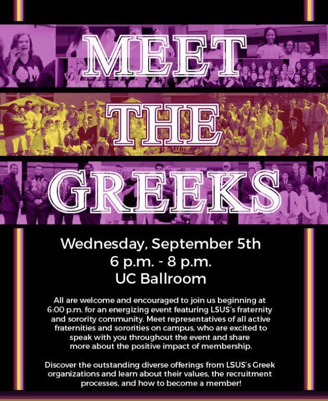 Stop by and talk to us tomorrow at Meet the Greeks! We will be serving some desserts and light refreshments and giving out some info about the benefits of Greek Life. Hope to see y’all there!