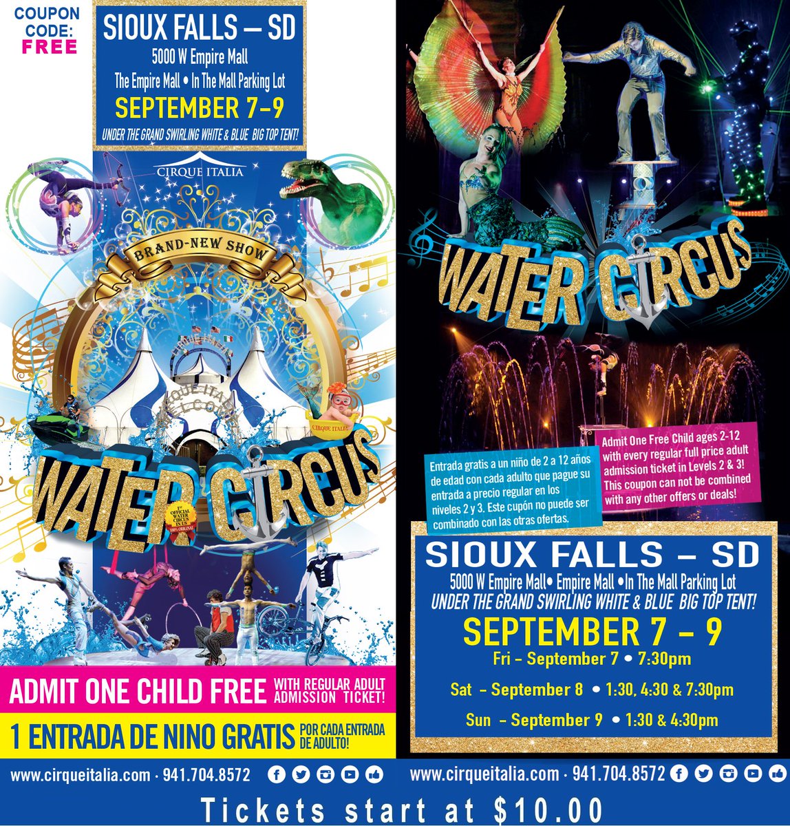 HERE NOW SIOUX FALLS- Empire Mall Sept 7-9.  The website to purchase the tickets is cirqueitalia.com or at 941-704-8572.