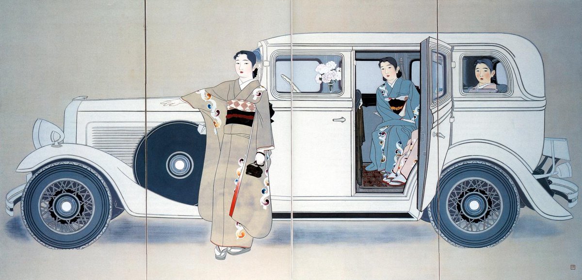 chicagodeco's tweet photo. #transportationtuesday is also #worlddeco today. This painting is Three Sisters by Yamakawa Shūhō, 1936, in the collection at the Honolulu Museum of Art. The Art Institute of Chicago also has one of his works in its collection. #artdeco #painting #chicago #vintage #yamakawashuho https://t.co/psnuGzlVma