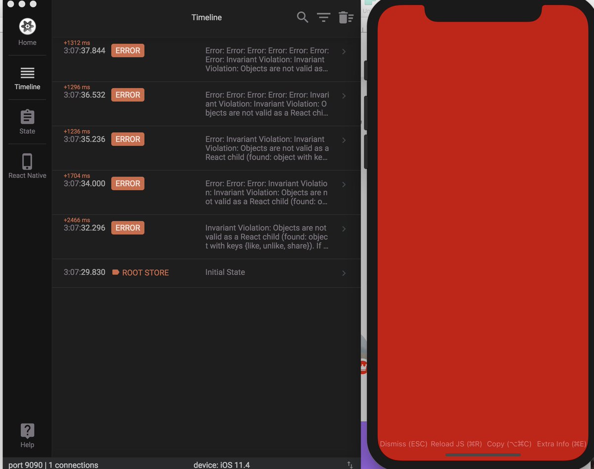 robinheinze's tweet image. Reason #4523 why I love @reactotron: React Native gave me the most unhelpful red screen ever... but Reactotron comes in clutch with the actual error message. #reactotron #debugging #reactnative
