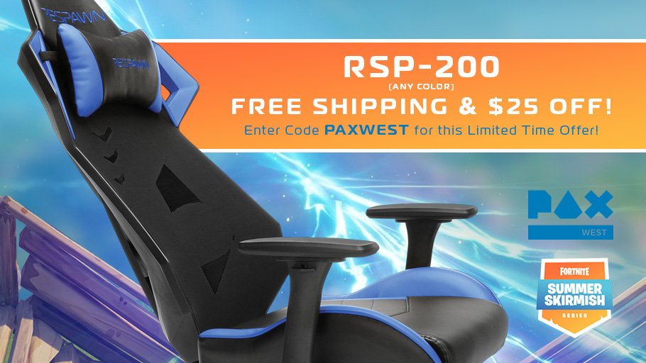 RESPAWNProducts's tweet photo. #FortnitePAXWest and #SummerSkirmish may be over, but the fun doesn't have to end now! Get $25 off plus free shipping on any color of #RESPAWN200 when you use the code "PAXWEST"
Shop now ➡ https://t.co/PAlfqjAzcA https://t.co/YG0zhVclct
