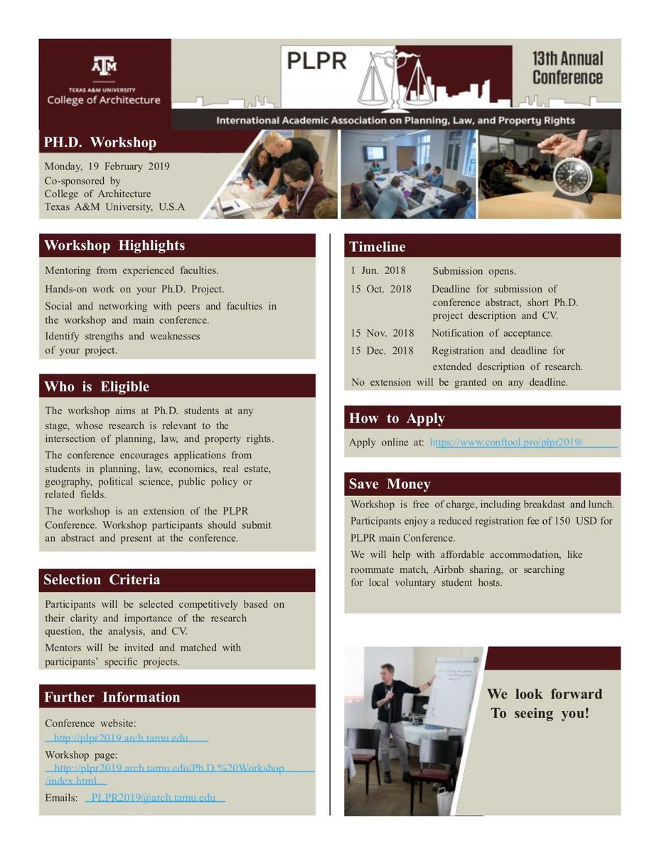 Sara_G_Ross's tweet photo. Call for applications now out for the annual PLPR Ph.D Workshop. Looks like a great opportunity for those interested in planning law, cities, & property! #PLPR2019 @PropertyLawProf @ALPSPropLaw https://t.co/4NaVOS4WZE
