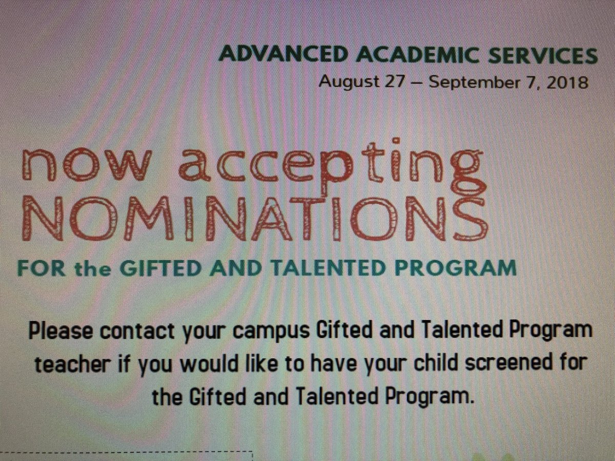 Faculty, staff, parents, students, the deadline to nominate for the DISD G/T program is Friday. Please don’t wait til the last minute. Take a moment to think about the students you know in grades first through fifth who might have gifted qualities. Sometimes, it’s the shy ones.