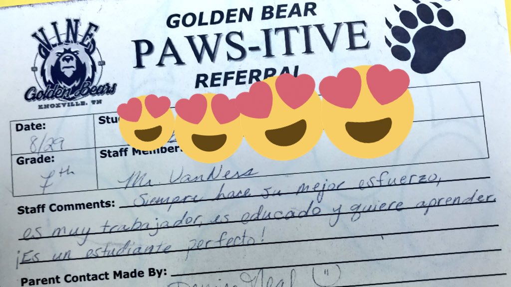 MrsNealGMA's tweet photo. Calling parents about #PawsitiveReferrals is #Amazing! @VanNessVMMS even wrote this one en Espanol for the parents. #7thGradeRocks @VineMSKnox https://t.co/P5WPRbITnm