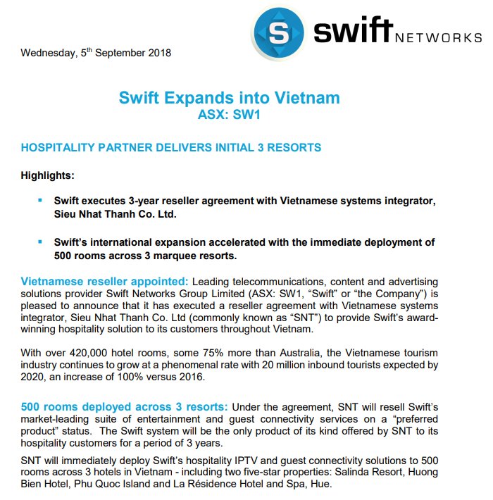 NWRcomms's tweet image. Swift Networks Group $SW1 executes 3-year reseller agreement with Vietnamese systems integrator Sieu Nhat Thanh Co. Ltd.

International expansion accelerated with the immediate deployment of 500 rooms across 3 marquee resorts tinyurl.com/yamt27lg 

 #ASX #telco #SwiftNetworks