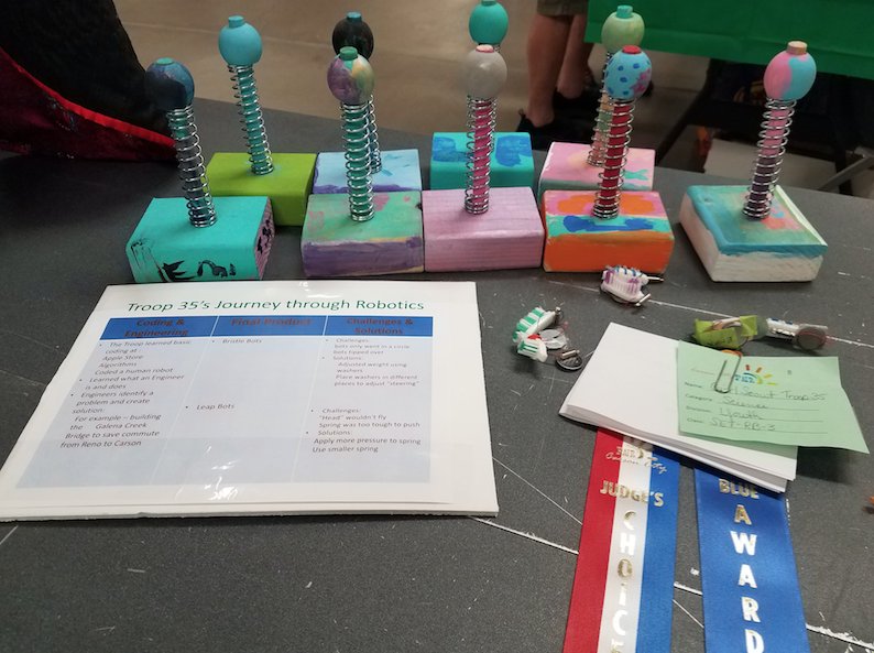 GirlScoutsSN's tweet photo. Troop 35 completed the Programming Robots, Designing Robots and Showcasing Robots Badge. They entered their BristleBots and LeapBots into the robotics category of the Carson City Fair, took 1st Place, and were even awarded “Judges Choice!" #GirlsinSTEM #GirlProgrammers https://t.co/3pU5HJ9fC6