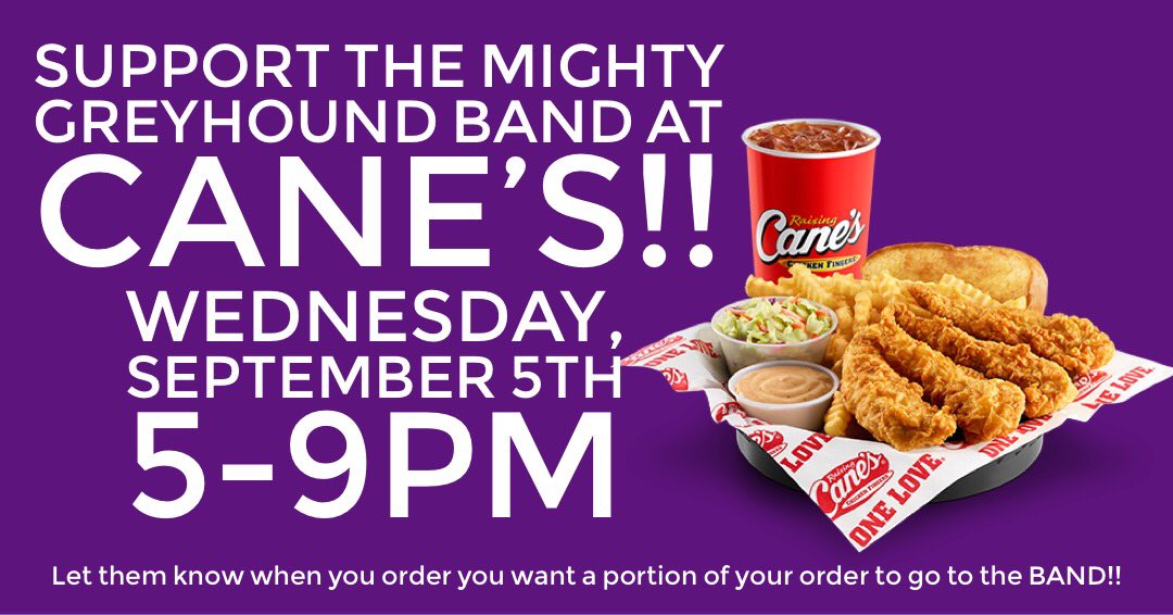 TOMORROW from 5-9pm, get your dinner from Raising Cane’s and help support the Mighty Greyhound Band! Just let them know you’d like a portion of your purchase to go to the Boerne High School Band when you place your order. This goes for drive-thru orders, too!