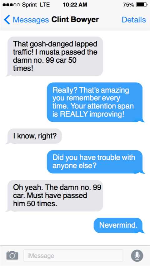 nascarcasm's tweet photo. ON #NASCAR.com: @keselowski earned a huge victory @TooToughToTame on Sunday night, and received many (fake) texts afterwards. They are all here... -> https://t.co/sbhx5Vgn6l https://t.co/pt1Jy1bIsg