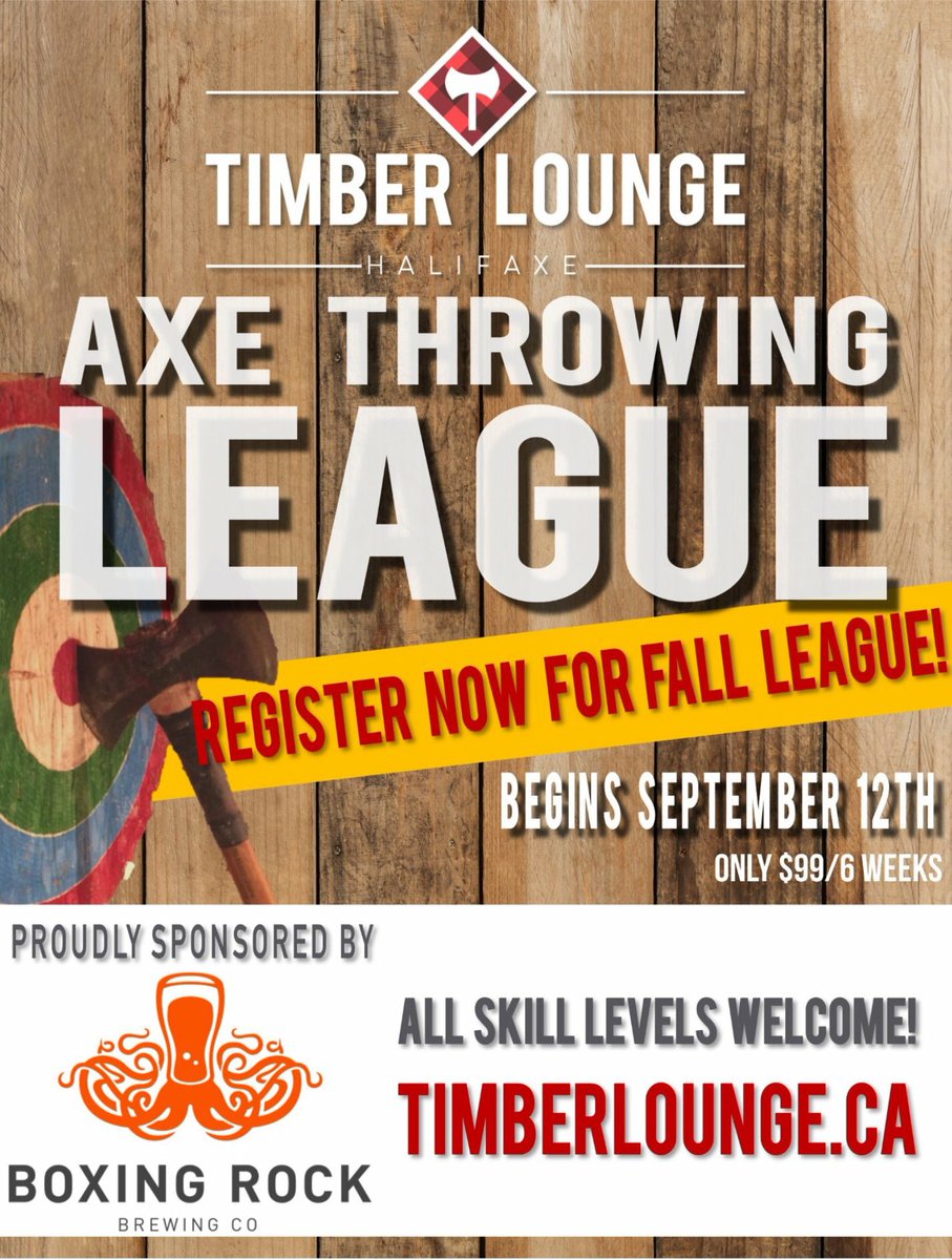 timberloungeaxe's tweet photo. Registration is now open for our Axe Throwing League! Wednesday Nights! The most AXEcitement you’ll have In your week! Sign up online! https://t.co/gxM1D9hC5W special thanks to our league sponsor @boxingrockbeer join us for a pint! #axethrowingns #axethrowing #boxingrock #league https://t.co/q8vO9QALCD