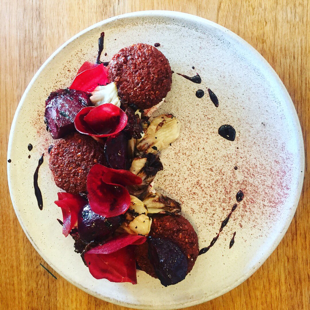 Gnocchi with cauliflower purée and parmesan cheese and beet falafel with ricotta at <a href="/_partandparcel_/">Part and Parcel</a> #eatdrinkvictoria