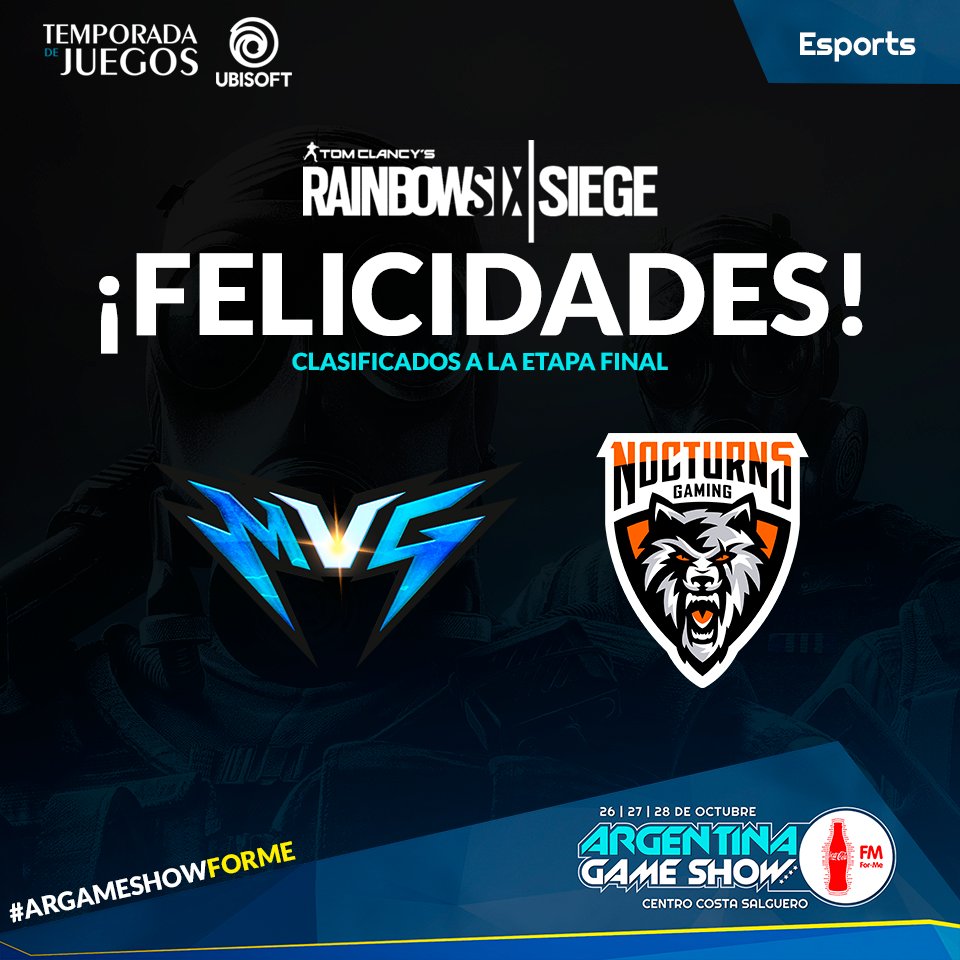 ArGameShow's tweet photo. ¡Felicidades @malvinas_gaming y @NocturnsGaming por avanzar a la etapa final de la competencia de Rainbow 6!

Más Info -> @TemporadaJuegos 💪👊

#rainbowsix #ArGameShowForMe #SomosTemporada https://t.co/BrCfVCg4Bf