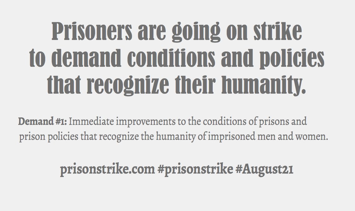 RepressionAnti's tweet image. Demand #1: Immediate improvements to the conditions of prisons and prison policies that recognize the humanity of imprisoned men and women. 

#prisonstrike

#August21