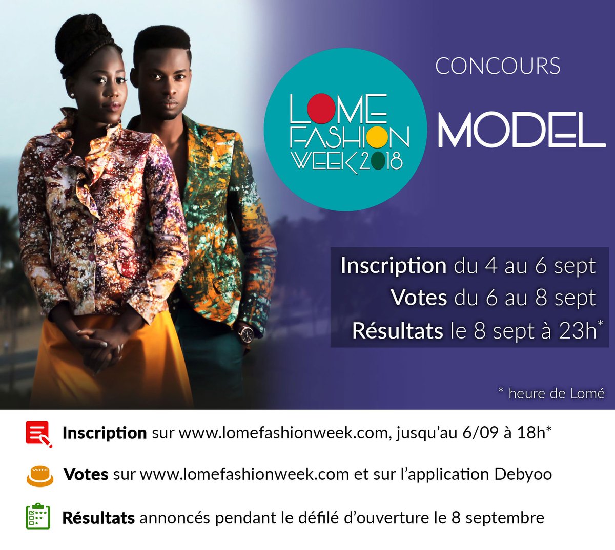 lomefw's tweet photo. VOUS ÊTES MANNEQUINS? => LE CONCOURS LOMÉ FASHION WEEK MODEL REVIENT CETTE ANNÉE.
Qui pour succéder à Youma Sall (SEN) et Olivier Tchokpon (BEN)?
Inscriptions ouvertes jusqu'au 6/09 à 18h (h de Lomé) sur  https://t.co/21WoalatTD. Les votes: du 6 au 8/09 #lomefw #lomefashionweek https://t.co/i76VUinuVC