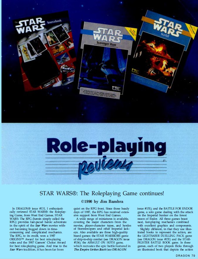 MTBlack2567's tweet photo. Dragon #155 reviews lots of Star Wars RPG material. #dnd has always been my first love, but we spent many, many fantastic hours playing Star Wars D6 back in the late 80s. That and Paranoia really changed how I approached game mastering. #dragonmag https://t.co/2g27axb9kv