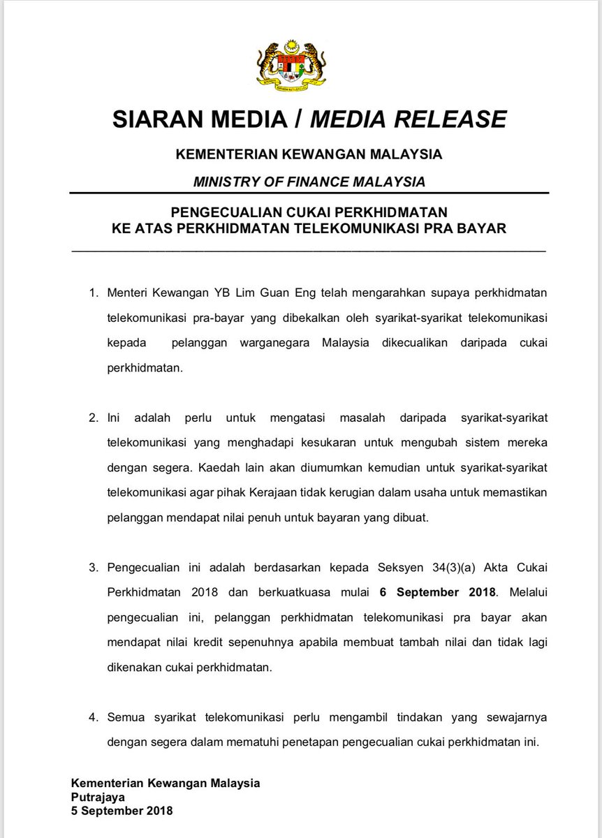 Ministry Of Finance On Twitter Pengecualian Cukai Perkhidmatan Ke Atas Perkhidmatan Telekomunikasi Pra Bayar