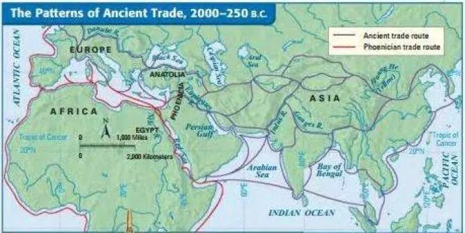 80) The Phoenicians are to blame.Take a look at these ancient Phoenician trade routes. At the time of Hammurabi and the Pharaohs, Phoenicia not only dominated trade around their native land (Canaan), their reach spanned 3 continents, and 5 MAJOR bodies of... WATER.