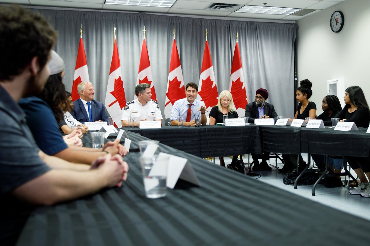 JustinTrudeau's tweet image. We’re committed to keeping Canadians safe from gun violence, and our young people out of gangs. My thanks to everyone who came to share their stories with Ministers @BillBlair, @HarjitSajjan and I today in Surrey.