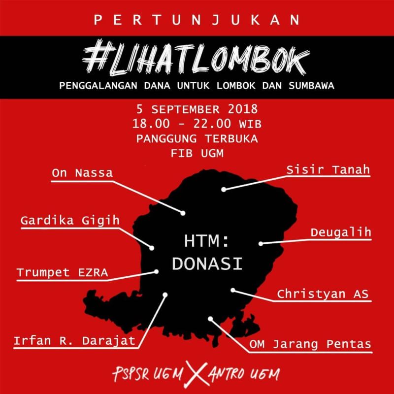antropologiugm's tweet photo. Jangan lupa bahwa #LIHATLOMBOK yang merupakan acara diskusi, screening film, dan pertunjukan musik dalam rangka penggalangan dana untuk Lombok dan Sumbawa akan berlangsung hari ini!
#antropologiugm
#fibugm
#ugmyogyakarta https://t.co/tHkoBytk2r