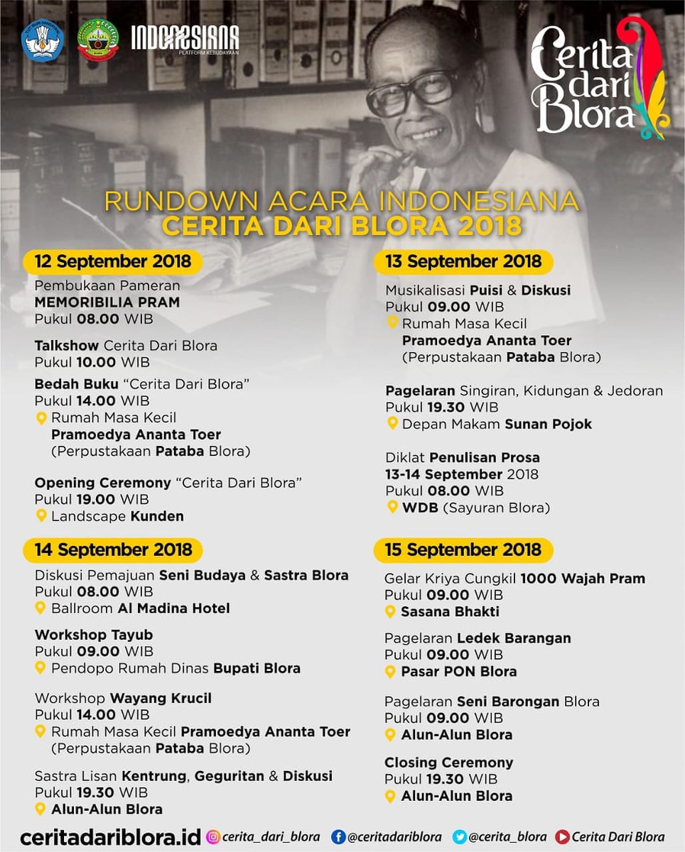 teropongblora's tweet photo. Rundown acara Indonesiana "Cerita dari Blora" 2018
#ceritadariblora #bloramenujukotasastra #indonesiana #sastrablora #sastradunia https://t.co/4xb2gcESq5