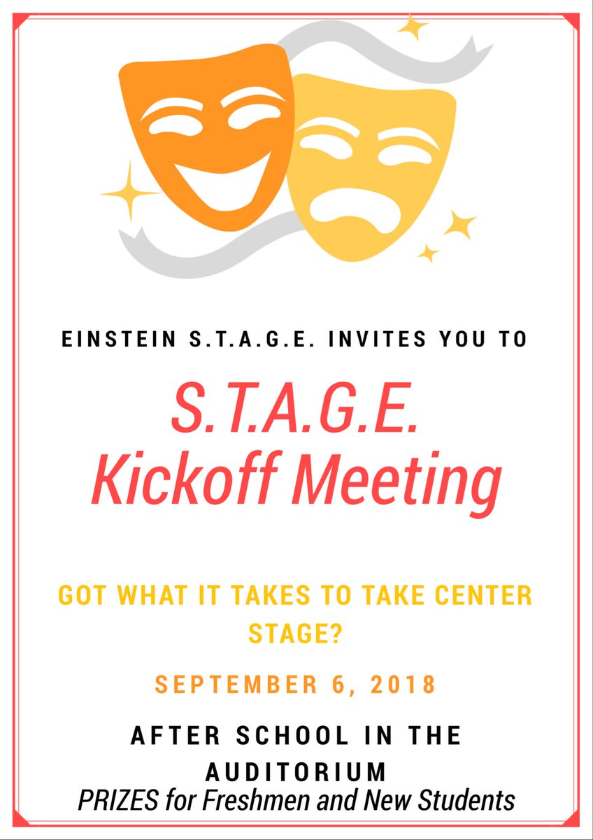 aehsstage's tweet photo. WELCOME BACK EVERYONE! We will be having our Kickoff S.T.A.G.E. Meeting on Thursday September 6, 2018!! AFTER SCHOOL IN THE AUDITORIUM! We will be discussing topics such as the Fall Play (and it’s audition/ involvement information), Thespians Society, Cappies, and much more!! https://t.co/qwf386GWmx