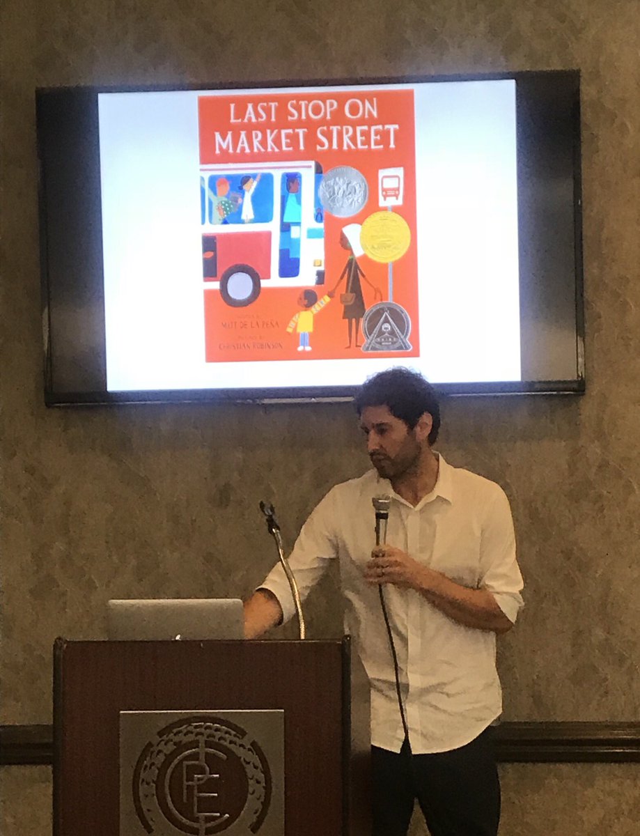 deblel's tweet photo. “All art really is...is a bridge to conversation.” Matt de la Peña 2018.  Great presentation. TAMU Conference to Explore Diversity in Literacy. @mattdelapena https://t.co/ReHMnIpjxD
