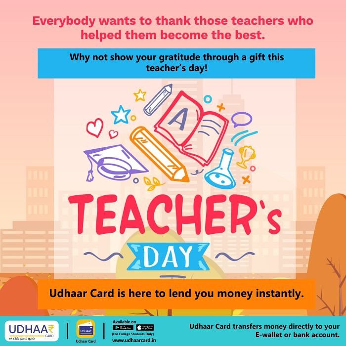 CardUdhaar's tweet photo. It takes a big heart to help shape little minds! Celebrate your teacher's day with a gift without worrying for the money.
#udhaarcard #teachersday #teacher #borrow #money #gift #teachersday2018 #lend #lending #loan #loans #moneyloan #student #studentloan https://t.co/pltziHAF2M