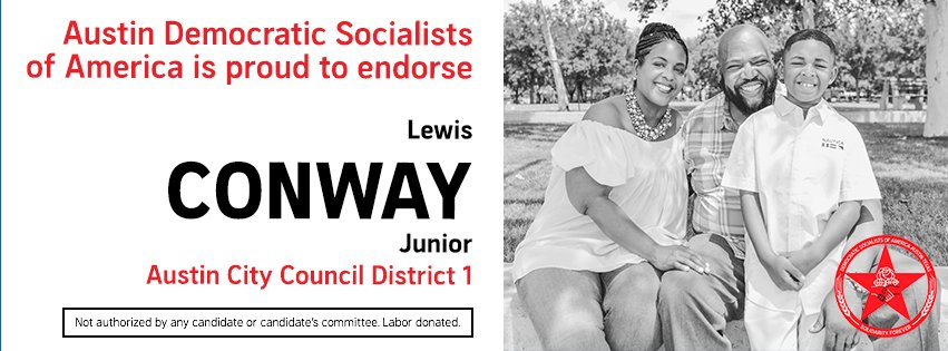 lewisconwayjr's tweet photo. "We are proud to endorse @lewisconwayjr for District 1 in his historic run for Austin City Council!" - @austin_DSA 
Help us with this historic effort - https://t.co/yTAIFuoAZR  
Endorsed by: @WorkingFamilies  @WDActionFund @Austin_DSA for #DistrictOnePlan #ATXcouncil #WeNotMe https://t.co/PFNLU7tO21