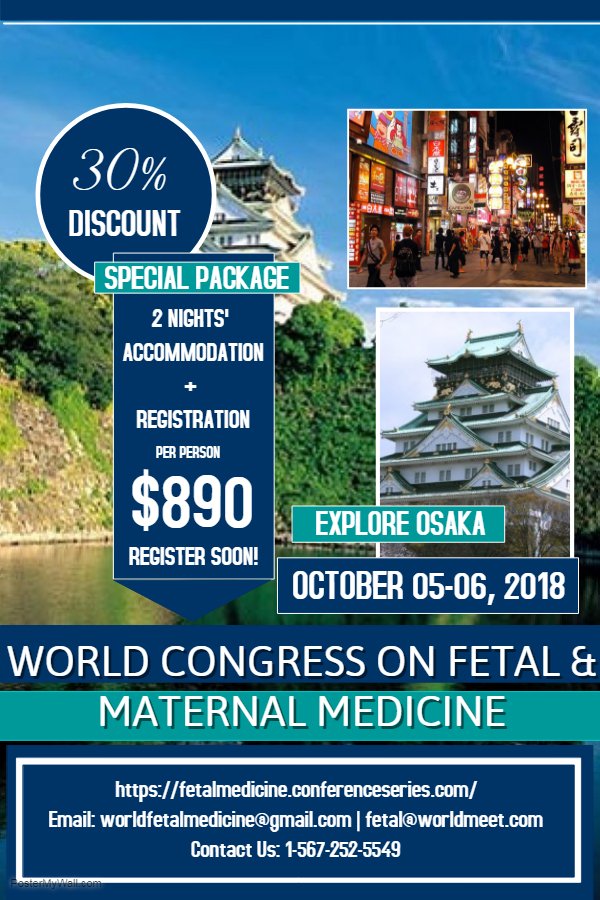 fetalCong's tweet photo. #FMM2018 #conference #Osaka #Japan #hcsmeufr #MedEd #speakers #poster #sponsors #exhibition #workshop #Medical #pregnancy
Few slots are left, 29 Days left
To avail Special Package
Contact us: worldfetalmedicine@gmail.com | fetal@worldmeet.net
Visit: https://t.co/fz5abTjpd5 https://t.co/WvZI2ifxvW