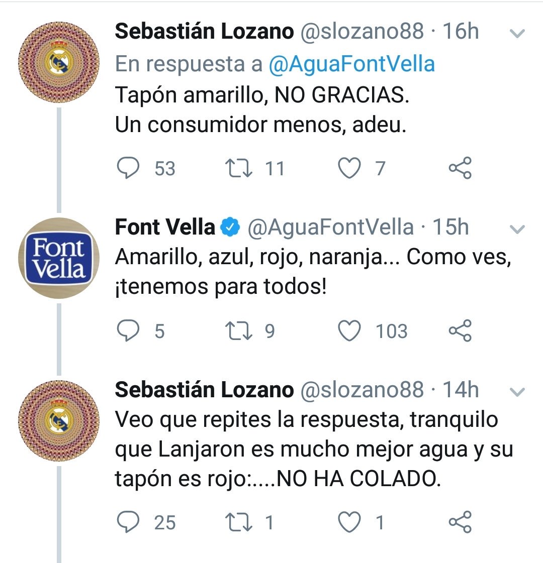 GatovAdoct's tweet photo. Font Vella, empresa francesa que obtiene el Agua de un manantial de Girona y de otro en Guadalajara, saca sus botellas con tapones de diferentes colores, entre ellos, uno de color amarillo. Esto es lo que pasa https://t.co/BtjL2nm0iG