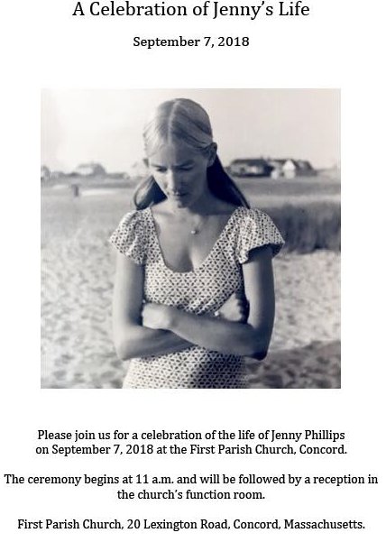 BTWDoc's tweet image. This Friday, Jenny's family will be holding a Celebration of Life Ceremony for Jenny. If you are in the Concord area, please feel free to attend. The service will begin at 11am at First Parish Church in Concord, MA.