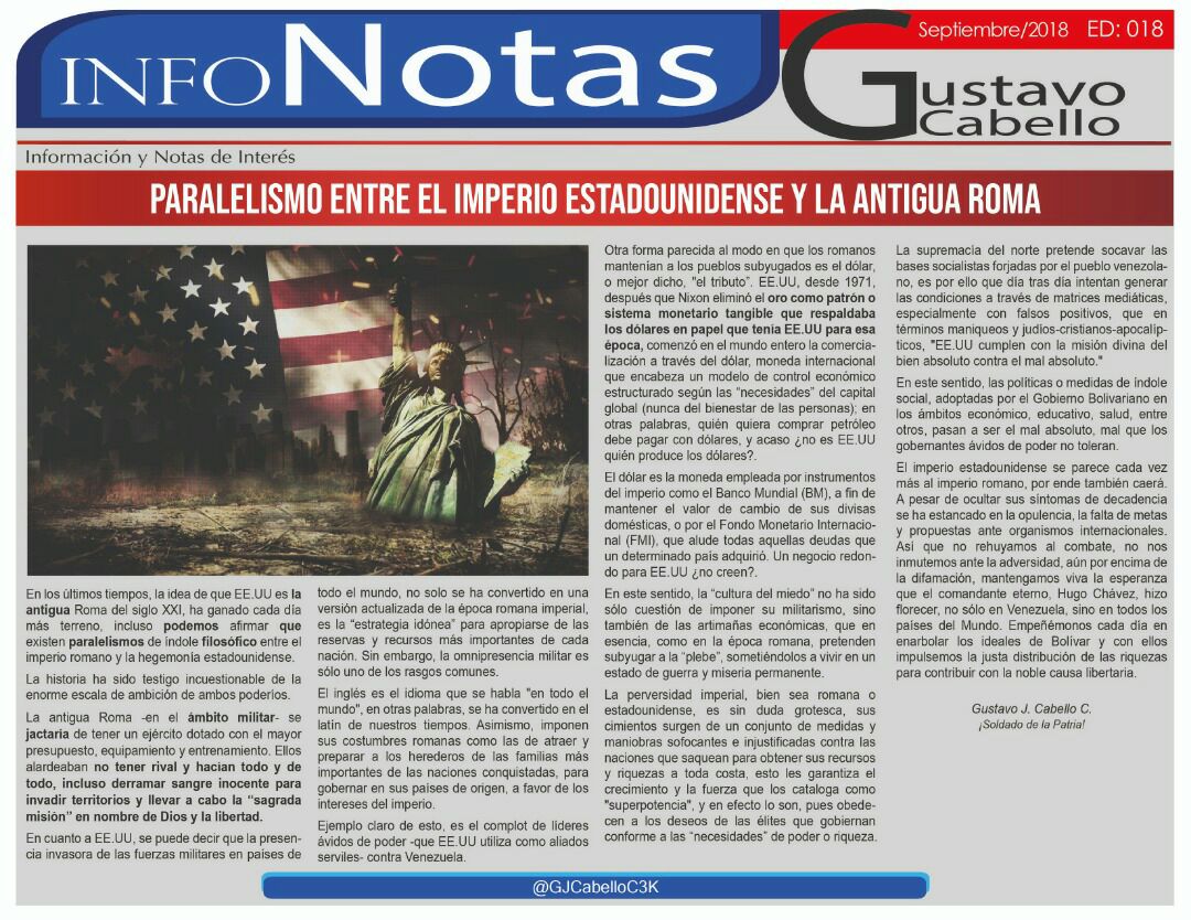 GJCabelloC3K's tweet photo. Los ávidos de poder aplauden las agresiones del imperio gringo, sin embargo hay un factor que deben analizar seriamente: cuando establecemos paralelismos entre la hegemonía de EE.UU y el antiguo imperio romano, es inevitable ocultar que todo imperio cae. ¡Nosotros Venceremos! https://t.co/3USuDkUhd0