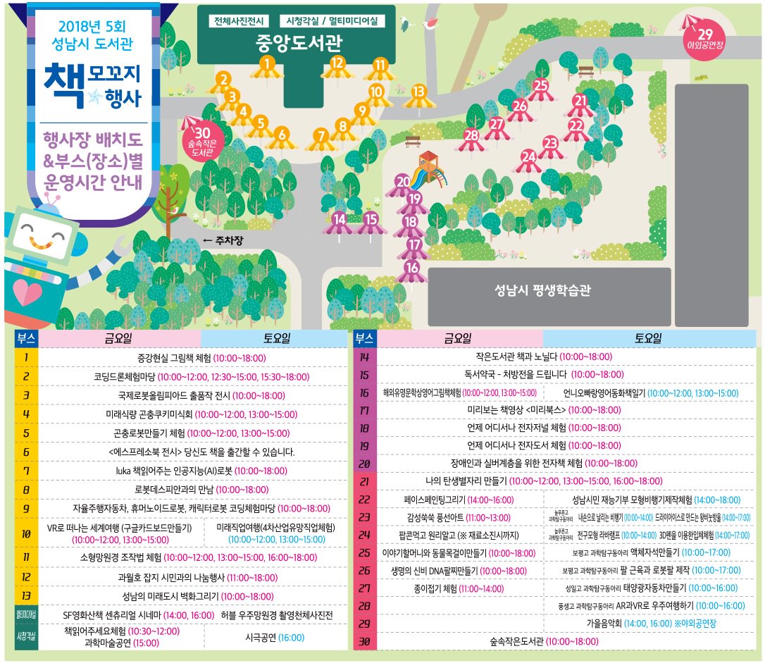#성남시 #중앙도서관2018년 
제5회 책 모꼬지 행사 배치도&amp;부스(장소)별 운영시간 안내입니다!!
부스별 기재된 시간에 현장접수로 진행되며 원활한 운영을 위하여 참여인원은 현장에서 조정됨을 알려드립니다!! 
멋있는 배치도를 보니 더욱 설랩니다^^
이번 제5회 책 모꼬지 행사!! 많이 기대해주세요!