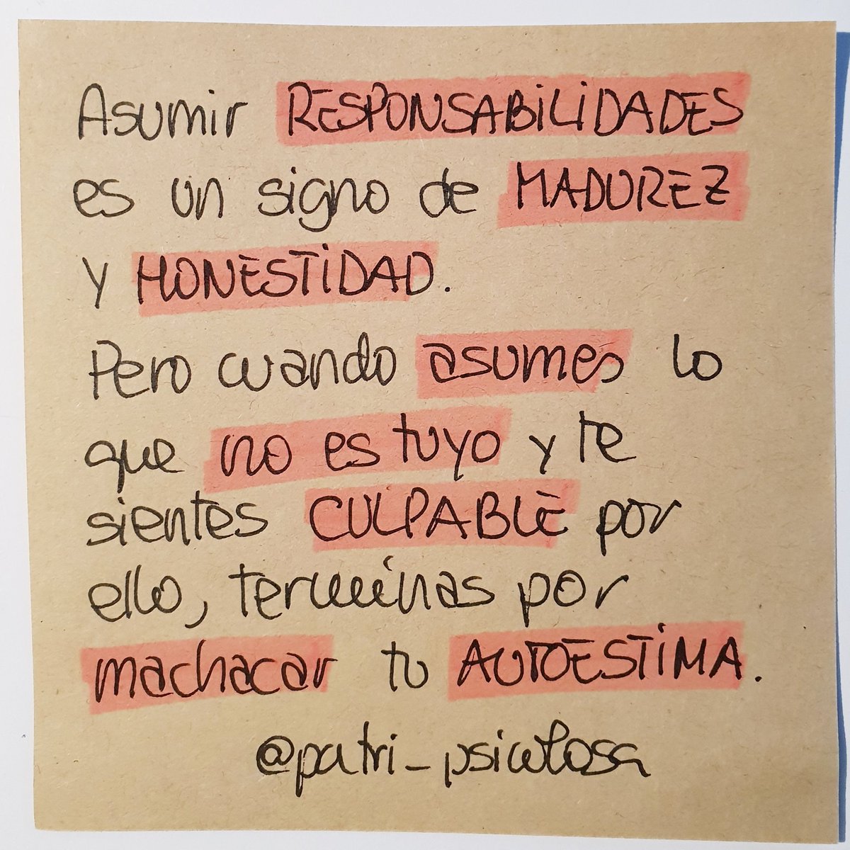 Patri_Psicologa's tweet photo. Asumir responsabilidades es un signo de madurez y honestidad. Pero cuando asumes lo que no es tuyo y te sientes culpable por ello, terminas por machacar tu autoestima. https://t.co/mibG7dhoOT